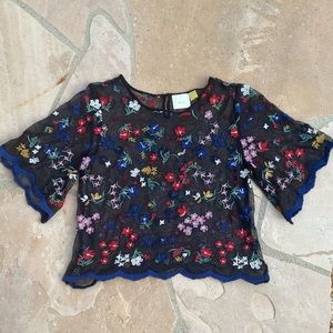 Anthropologie Maeve Black Sheer Floral Embroidered Top